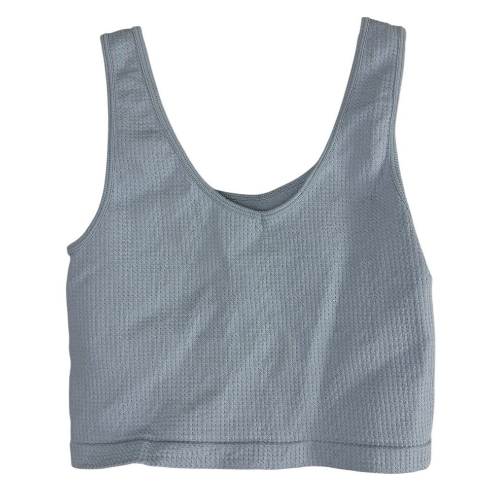 Waffle Knit Cropped Tank Top Light Blue Scoop Neck Ribbed Hem Soft Girl Small